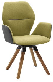 Moderner Armlehnenstuhl mit olivgrünem Stoffbezug und Holzbeinen, seitliche Perspektive