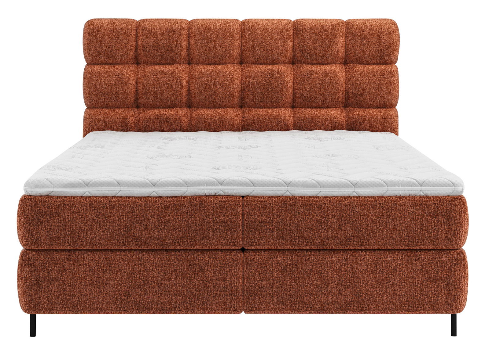 Boxspringbett in Rostrot mit gepolstertem Kopfteil, Frontalansicht