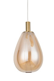 LED-Hängeleuchte mit goldener Fassung und tropfenförmigem, bernsteinfarbenem Glas, frontal betrachtet.