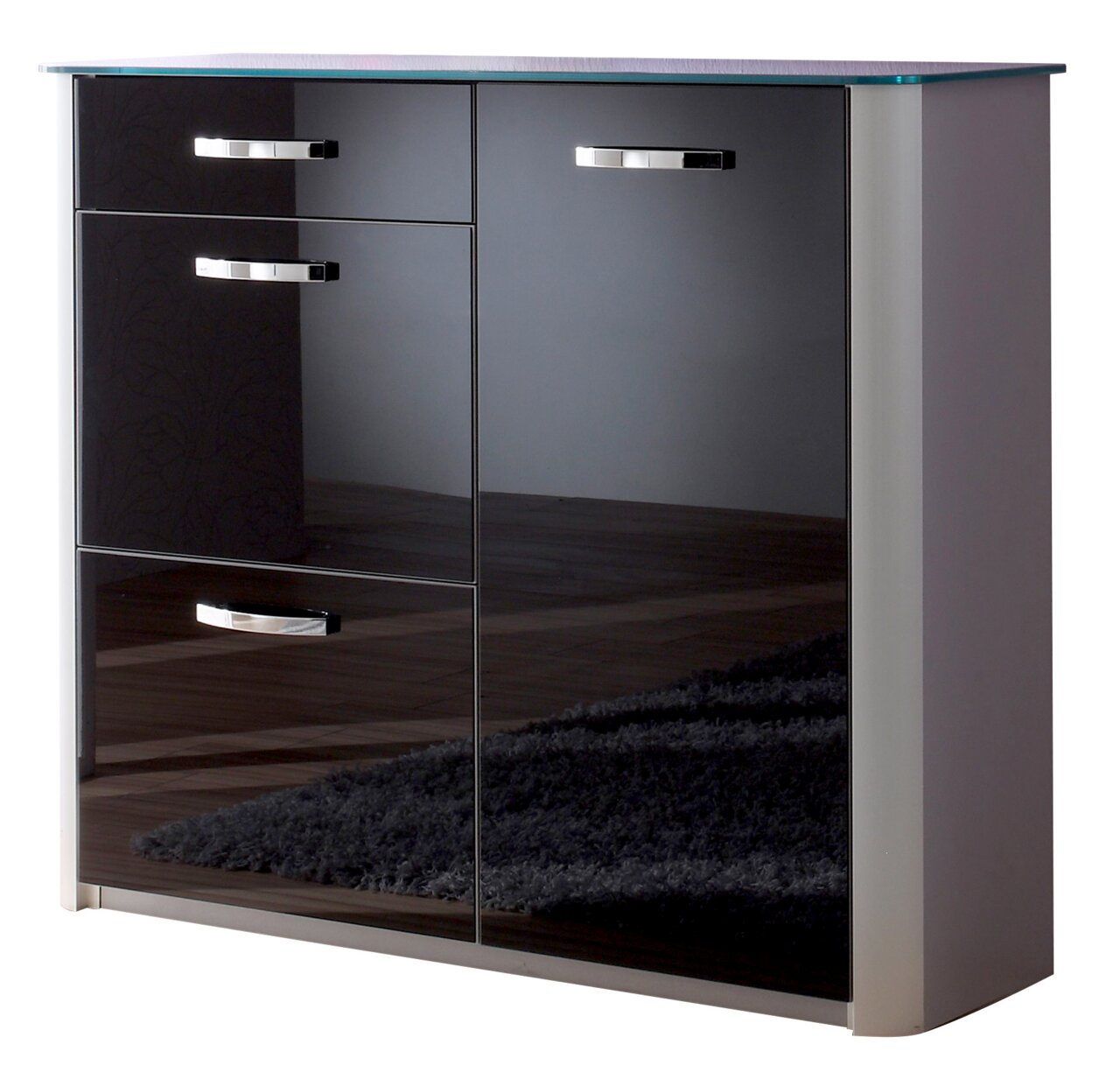 Moderano Schuhschrank MILANO Moderner Schuhschrank mit glänzender schwarzer Front und silbernen Griffen, seitliche Perspektive