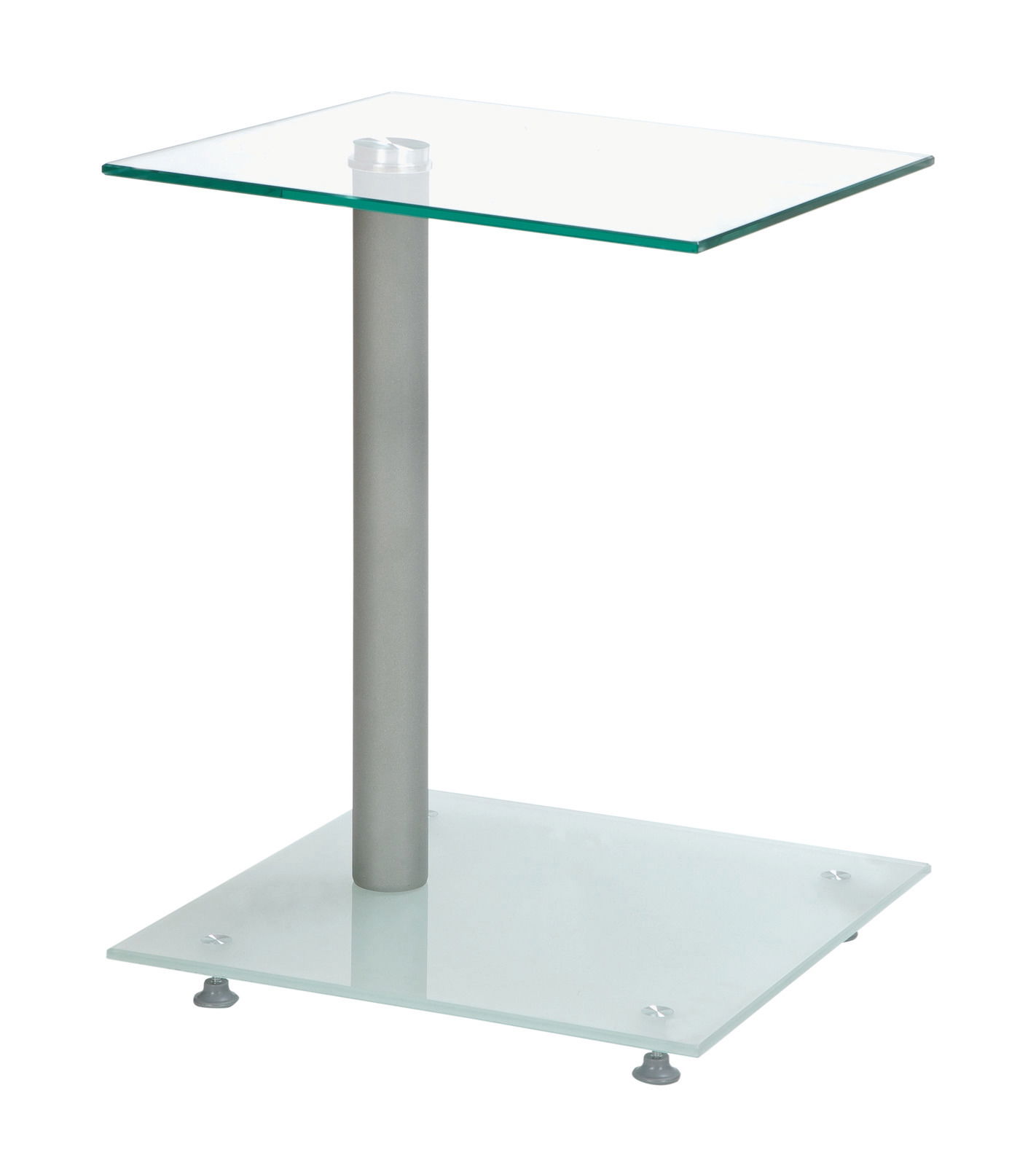Moderner Beistelltisch mit Glasplatte und Metallgestell, seitliche Perspektive