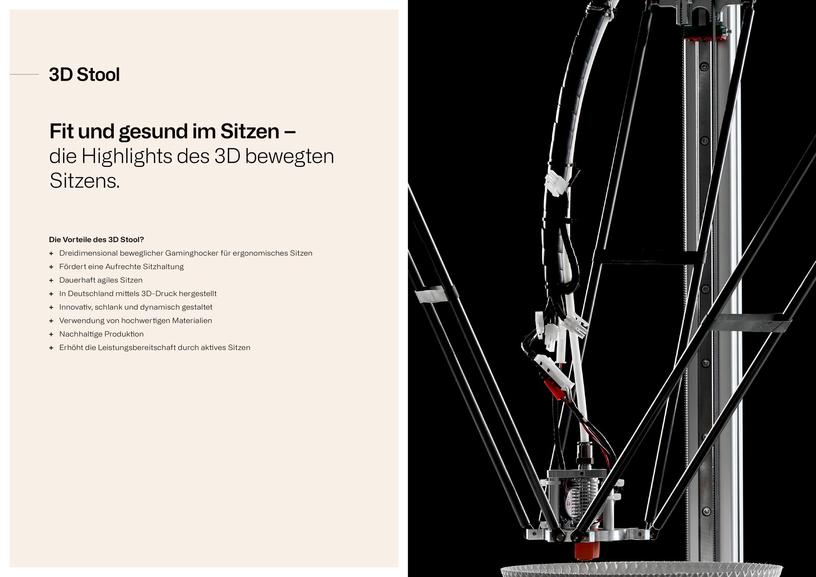 Seitenansicht eines 3D-Druckers, der einen Gaming Hocker herstellt, mit Fokus auf die mechanischen Teile und Kabel.