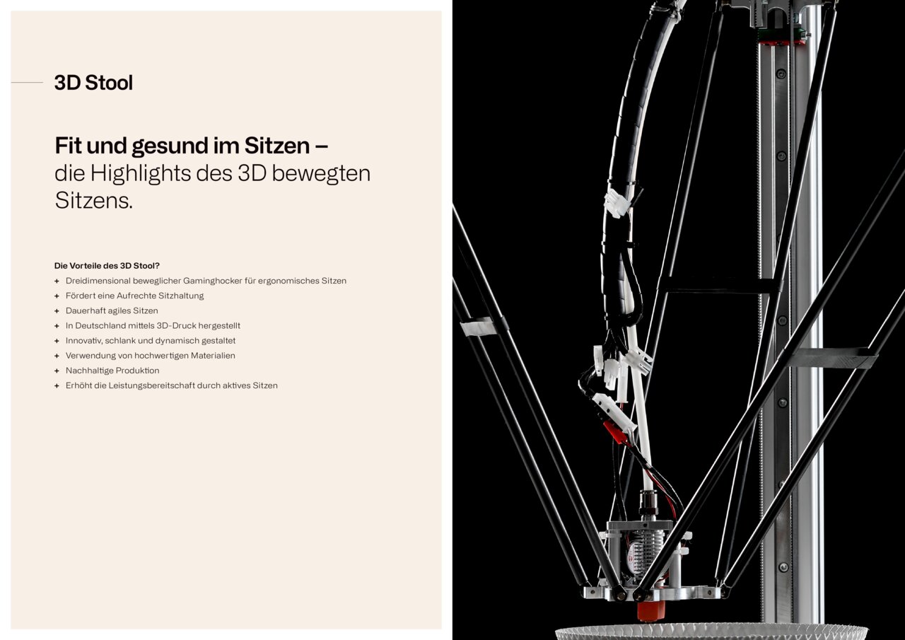 Seitenansicht eines 3D-Druckers, der einen Gaming Hocker herstellt, mit Fokus auf die mechanischen Teile und Kabel.