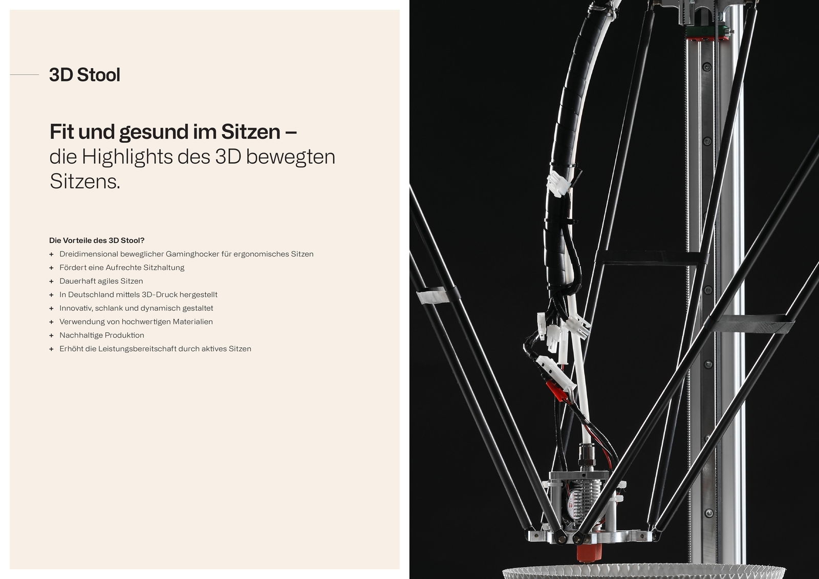 Seitenansicht eines 3D-Druckers, der einen Gaming Hocker herstellt, mit Fokus auf die mechanischen Teile und Kabel.