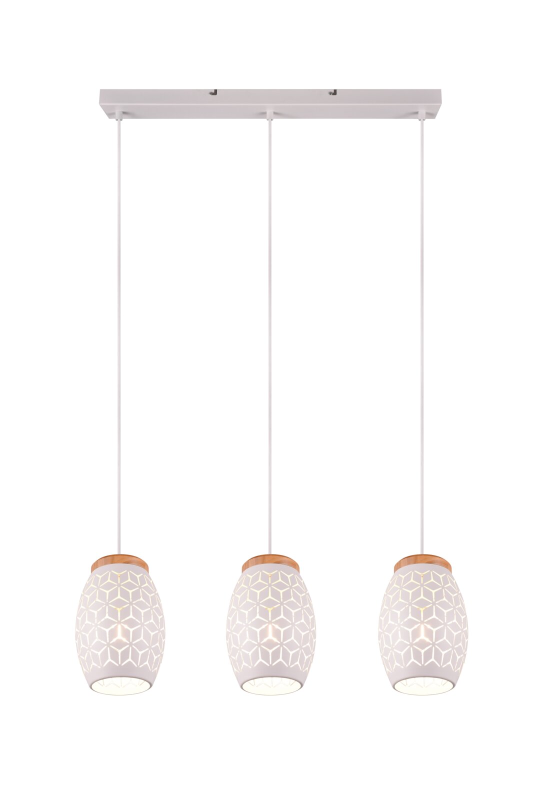 Moderne drievoudige hanglamp met witte lampenkappen met geometrische patronen, gezien van voren