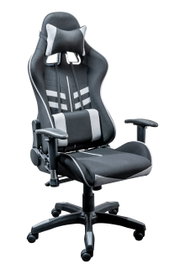 Ergonomischer Gaming-Stuhl in Schwarz und Grau mit verstellbaren Armlehnen und Kopfstütze, seitliche Perspektive