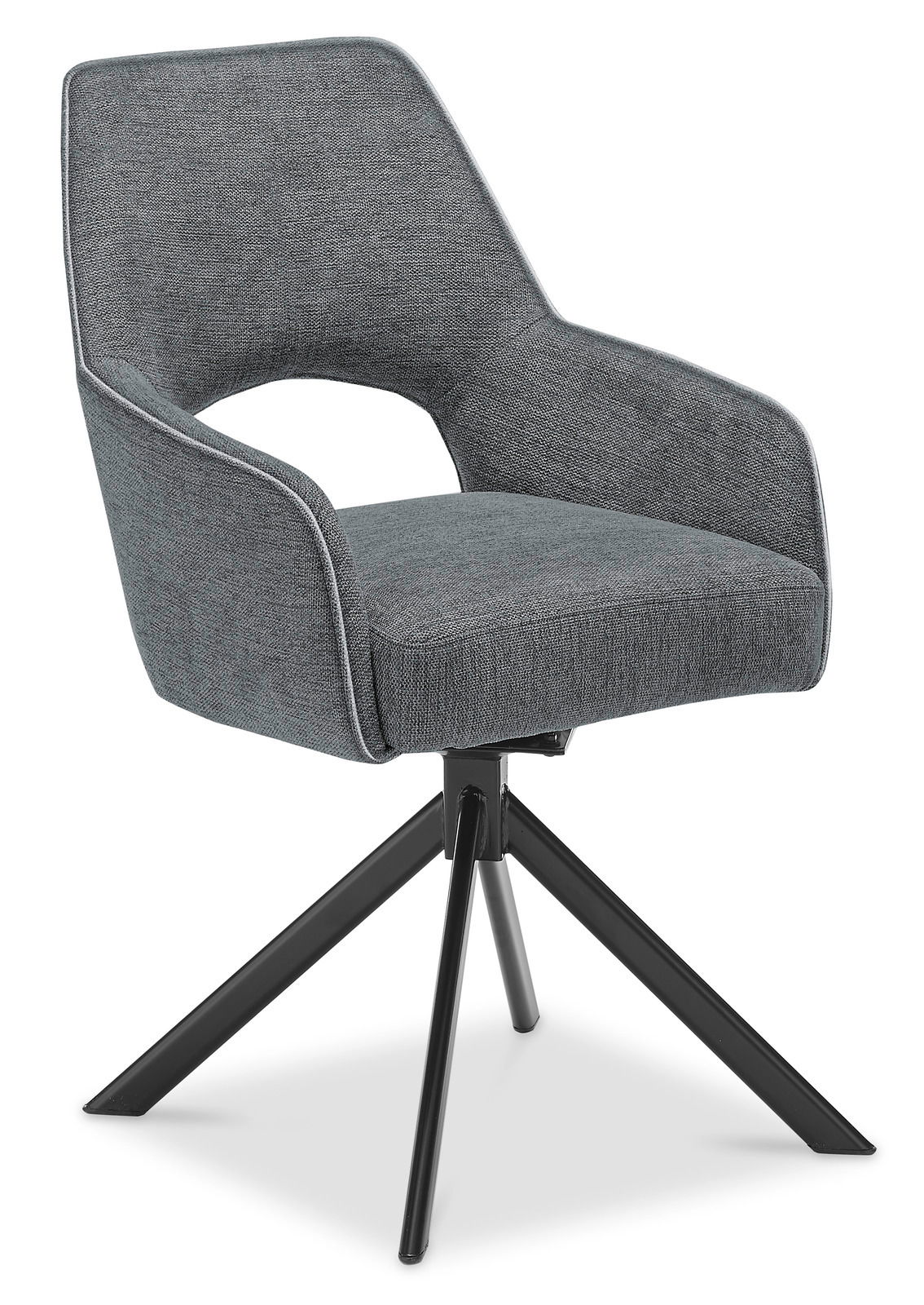 Grauer Armlehnstuhl mit modernem Design, seitliche Perspektive