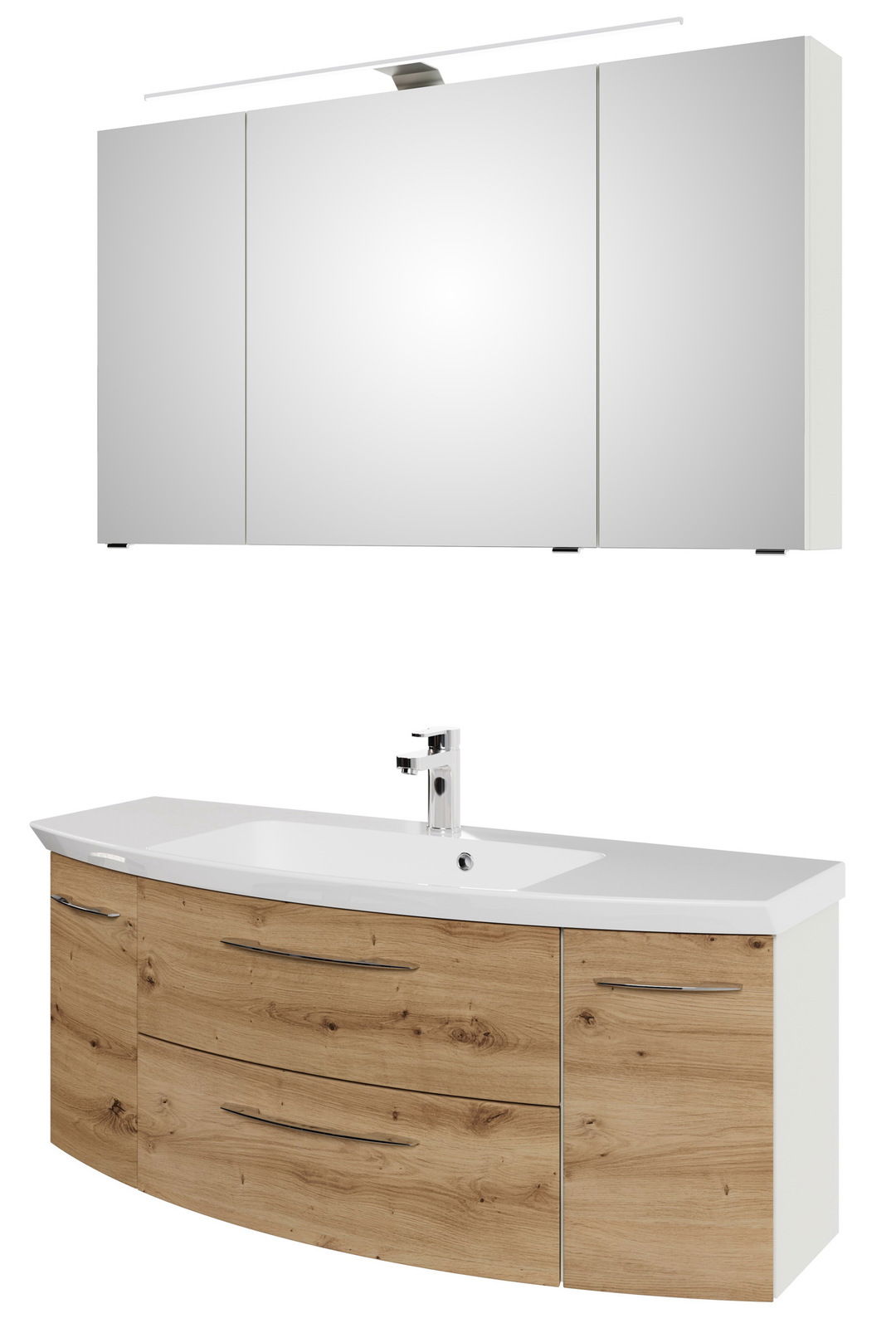 Sadena Badkombination 3-tlg. PLAKA Moderne Badkombination mit Spiegelschrank und Waschtisch in Holzoptik, Frontalansicht