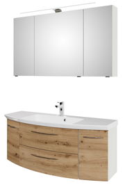 Moderne Badkombination mit Spiegelschrank und Waschtisch in Holzoptik, Frontalansicht