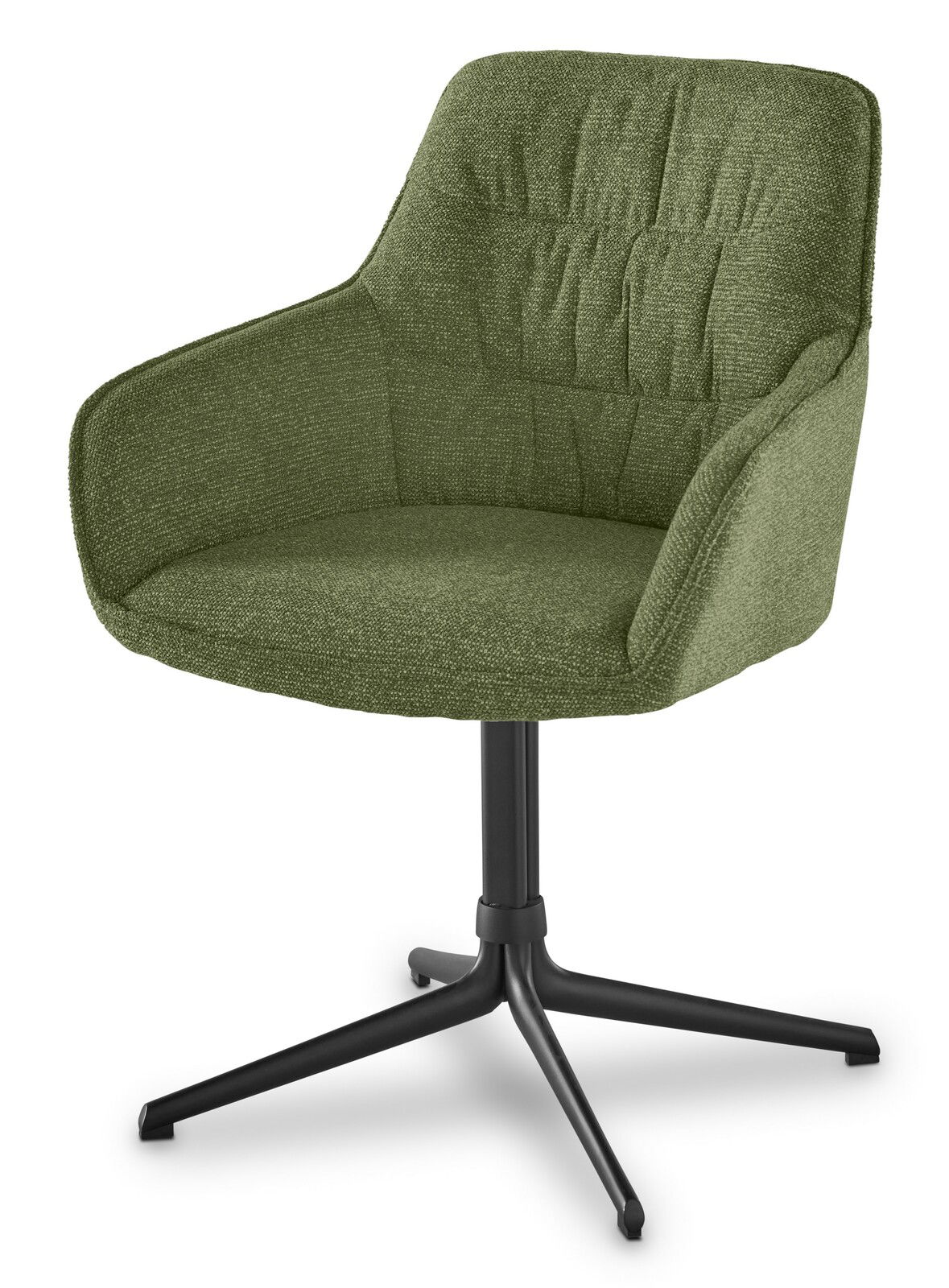 Grüner Armlehnstuhl mit schwarzem Metallfuß, seitliche Perspektive
