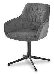 Grüner Armlehnstuhl mit schwarzem Metallfuß, seitliche Perspektive