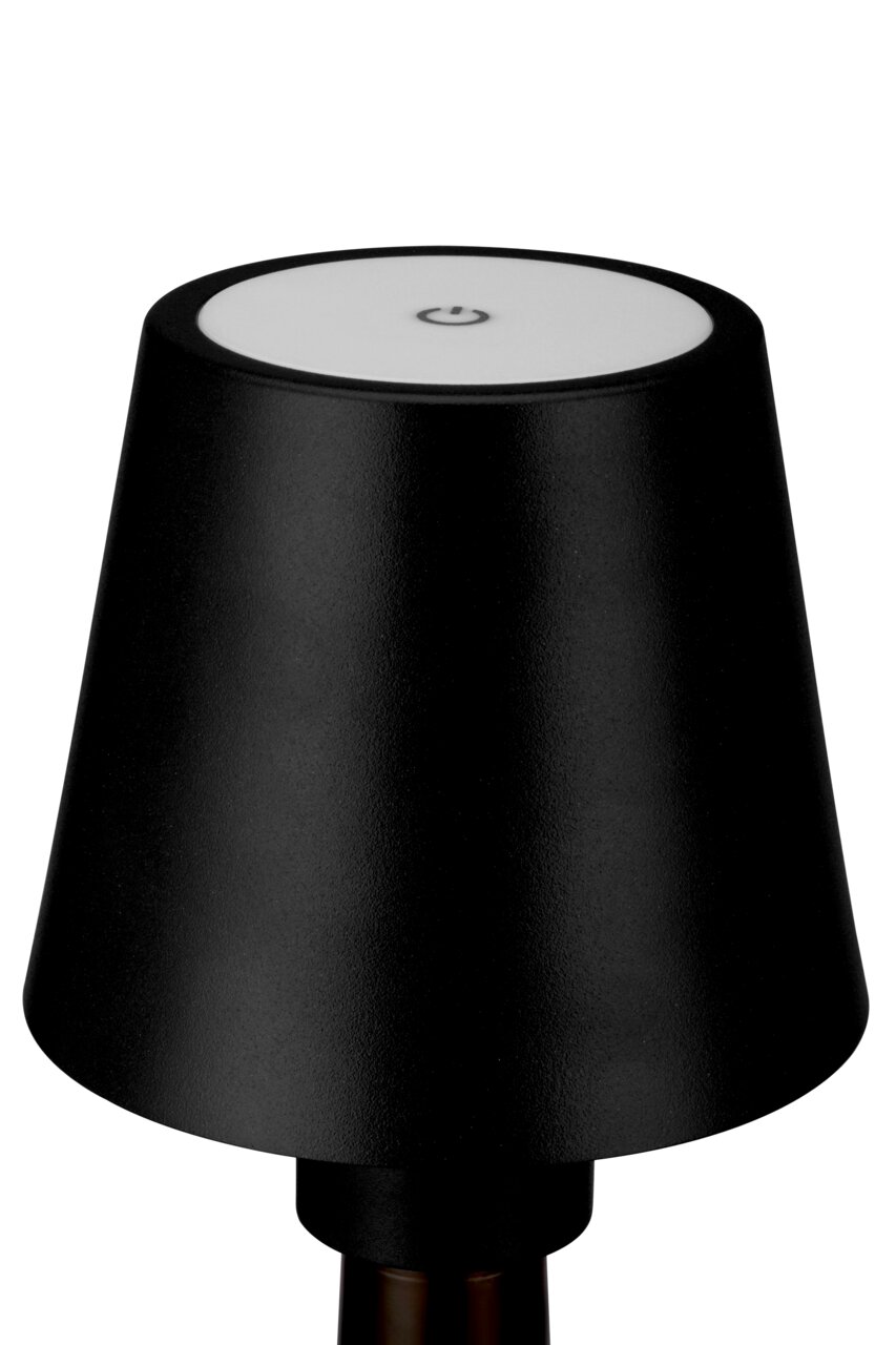 Schwarze Akku-Tischleuchte mit modernem Design, Ansicht von oben.