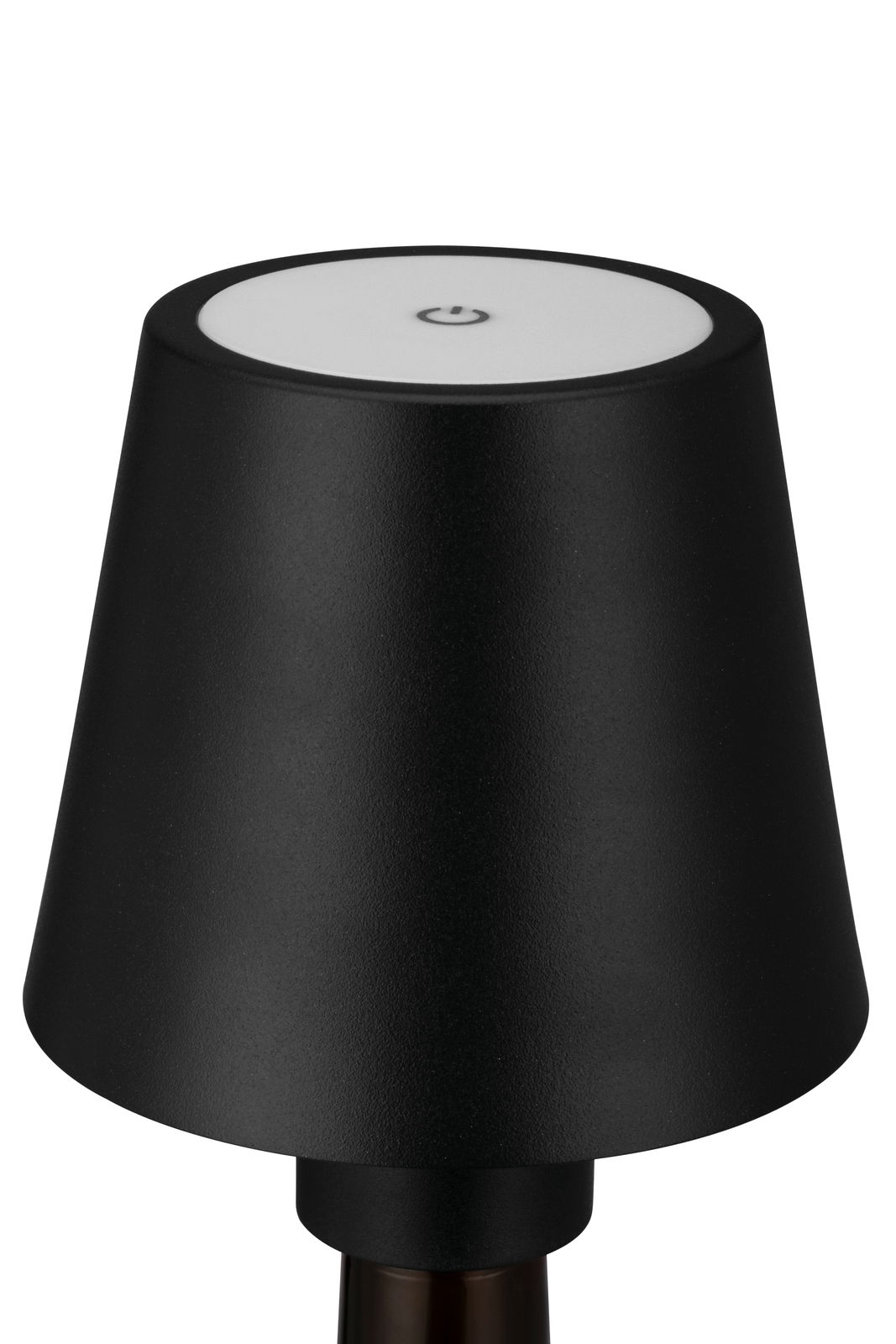 Schwarze Akku-Tischleuchte mit modernem Design, Ansicht von oben.