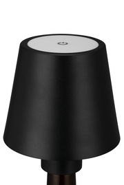 Schwarze Akku-Tischleuchte mit modernem Design, Ansicht von oben.