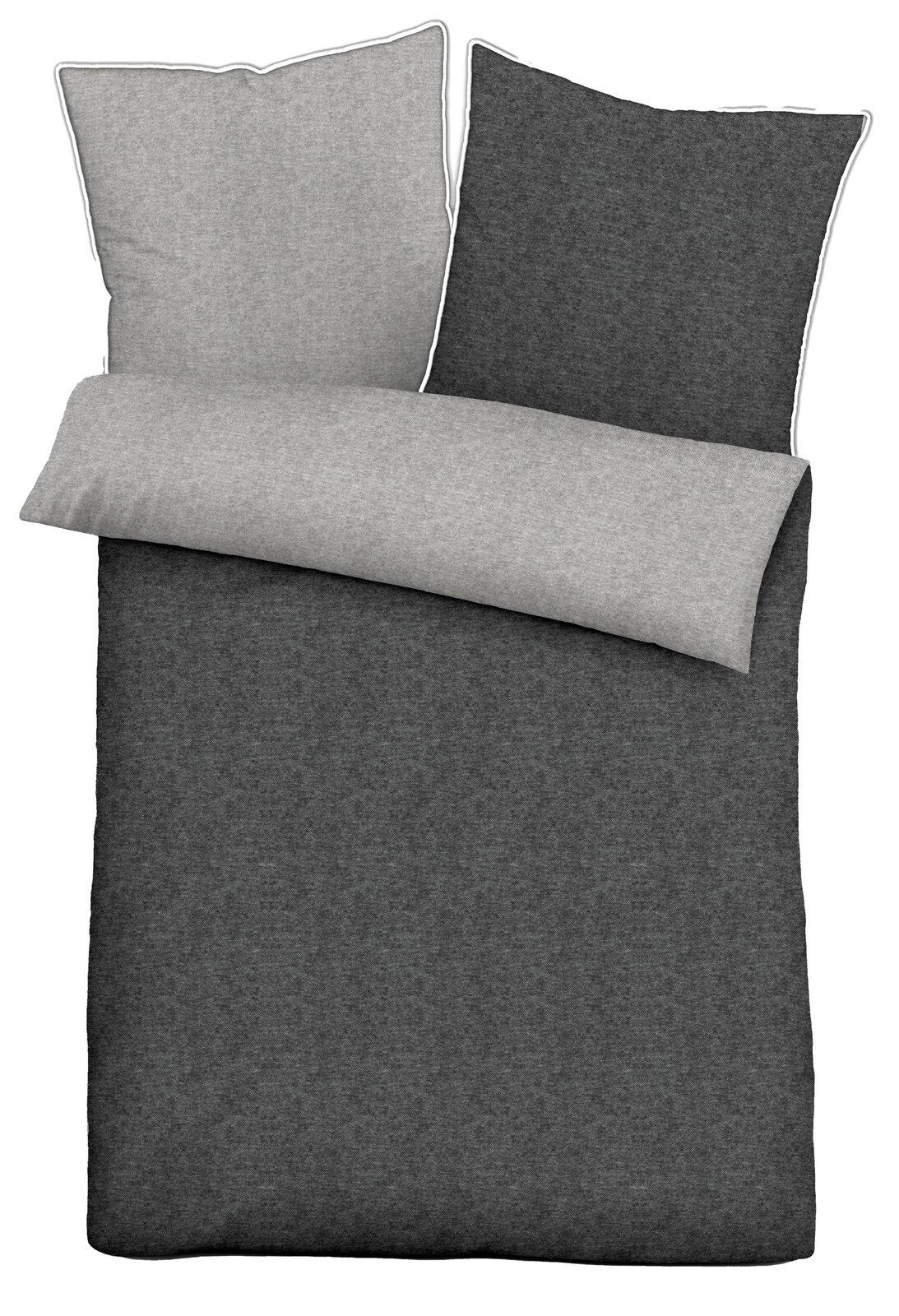 Bettwäsche-Set aus Melange-Flanell in Grau, bestehend aus einem Kissenbezug und einem Bettdeckenbezug, von oben betrachtet.