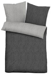 Bettwäsche-Set aus Melange-Flanell in Grau, bestehend aus einem Kissenbezug und einem Bettdeckenbezug, von oben betrachtet.