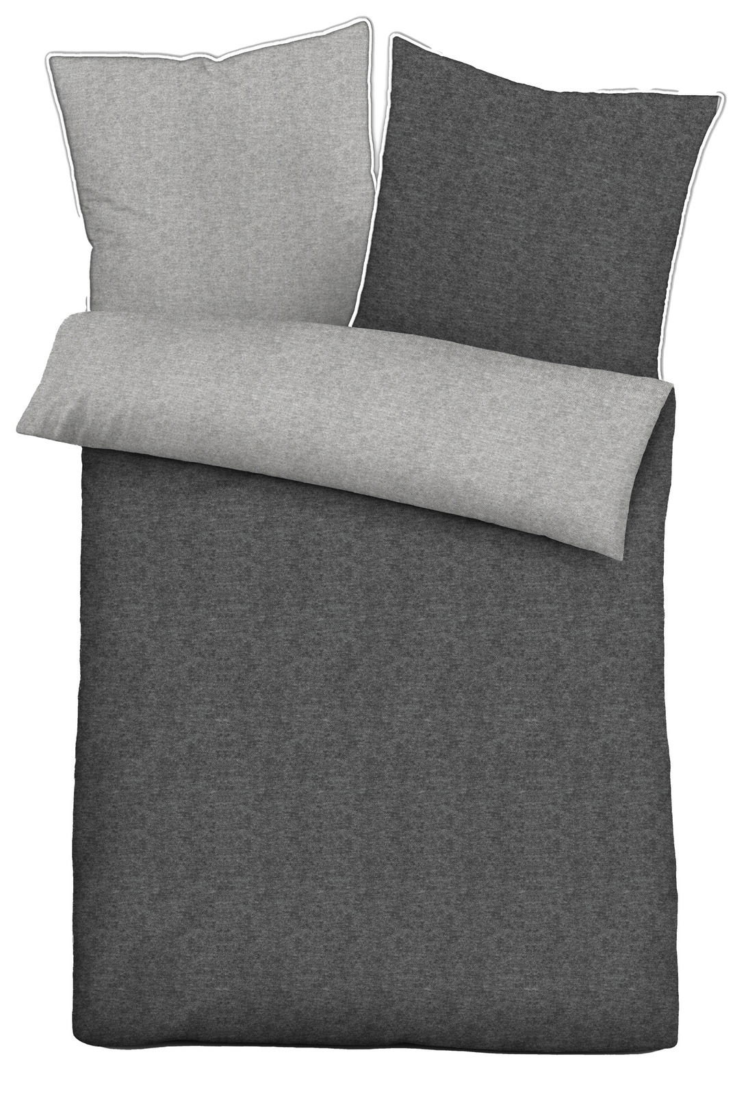 Bettwäsche-Set aus Melange-Flanell in Grau, bestehend aus einem Kissenbezug und einem Bettdeckenbezug, von oben betrachtet.