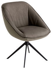 Moderner Armlehnstuhl mit braunem Polster und schwarzem Metallgestell, seitliche Perspektive