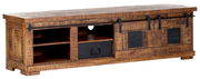 Rustikales TV-Lowboard aus Holz mit Schiebetüren und offenen Fächern, seitliche Perspektive