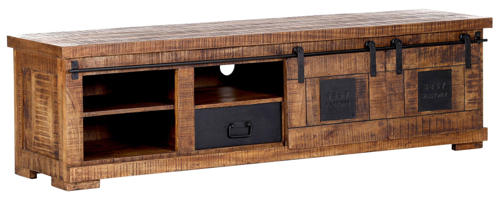 Rustikales TV-Lowboard aus Holz mit Schiebetüren und offenen Fächern, seitliche Perspektive