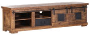 Rustikales TV-Lowboard aus Holz mit Schiebetüren und offenen Fächern, seitliche Perspektive