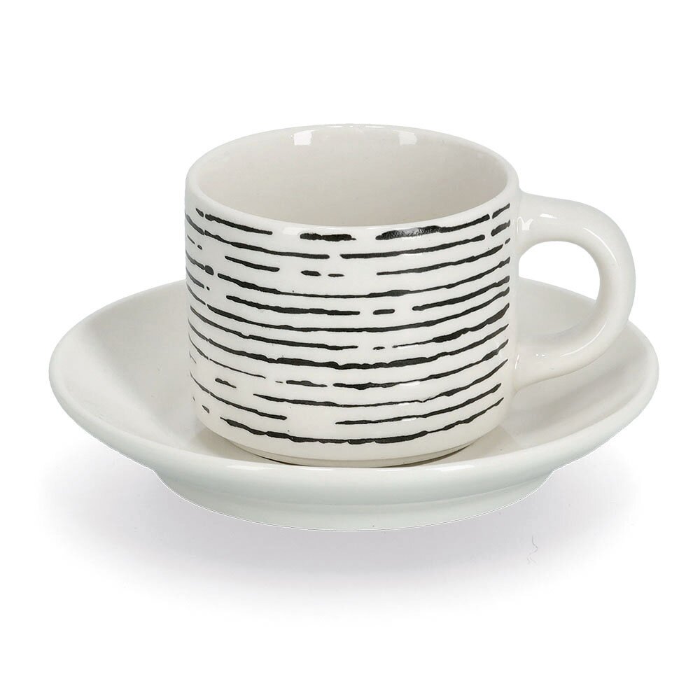 Espressotasse mit Untertasse, weiß mit schwarzen Streifen, seitliche Perspektive