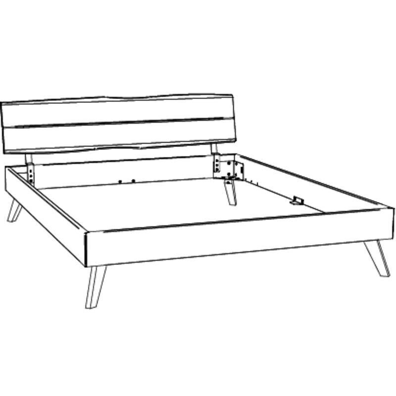 Schets van een bedframe in schuin perspectief van voren, met een eenvoudig ontwerp met een horizontaal hoofdeinde en schuine poten.