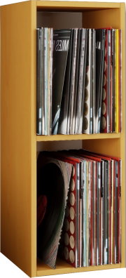 Holzregal mit zwei Fächern, gefüllt mit Schallplatten (Vinyl) in verschiedenen Hüllen, seitliche Frontansicht