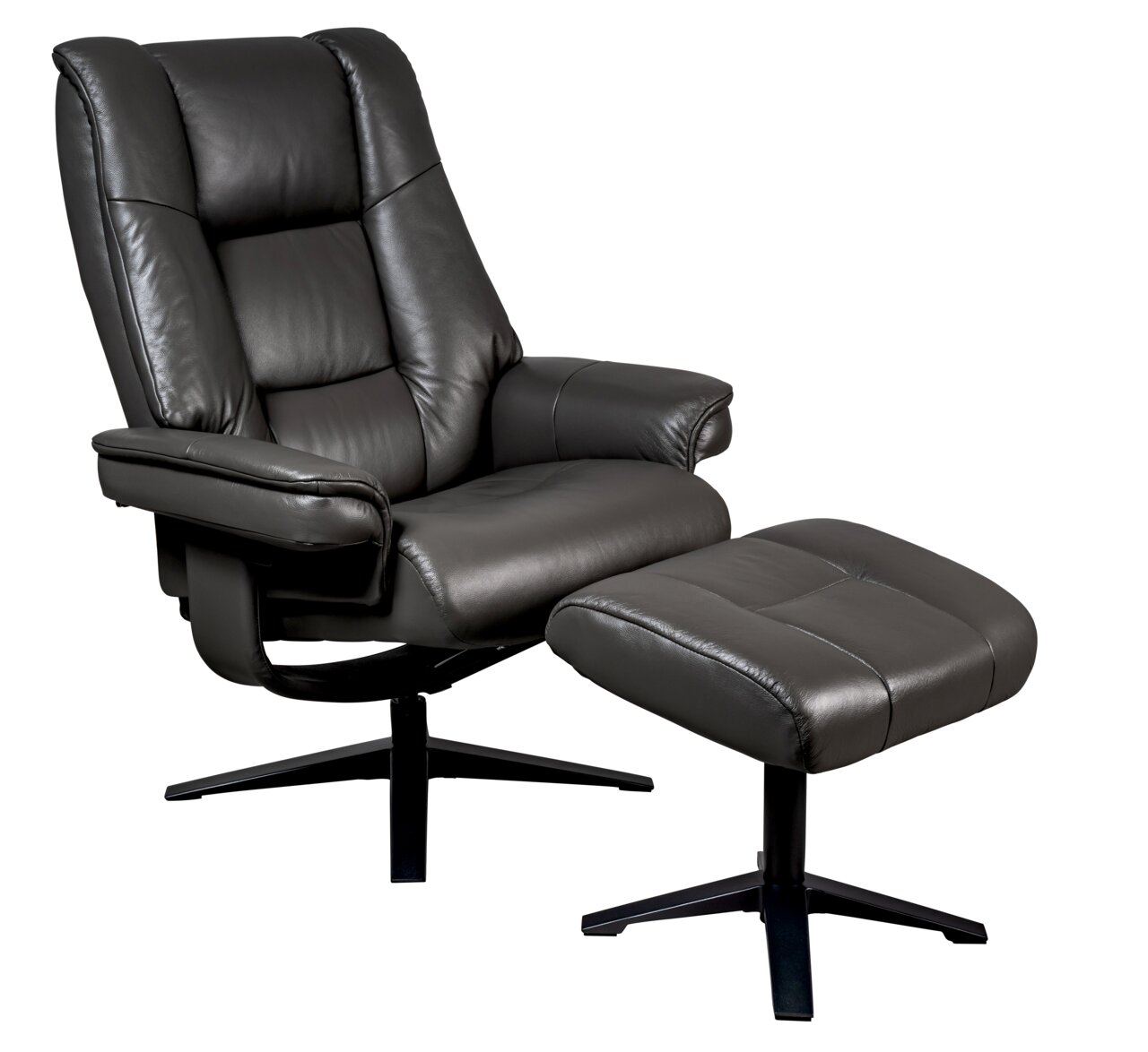 Grauer Relaxsessel mit Hocker, seitliche Perspektive