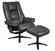 Grauer Relaxsessel mit Hocker, seitliche Perspektive