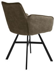 Rückansicht eines Armlehnstuhls mit olivgrünem Stoffbezug und schwarzen Metallbeinen.