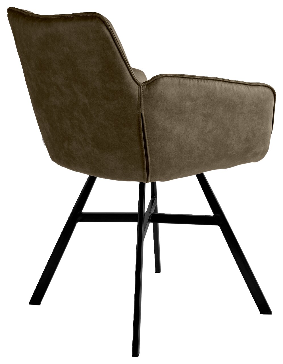 Rückansicht eines Armlehnstuhls mit olivgrünem Stoffbezug und schwarzen Metallbeinen.