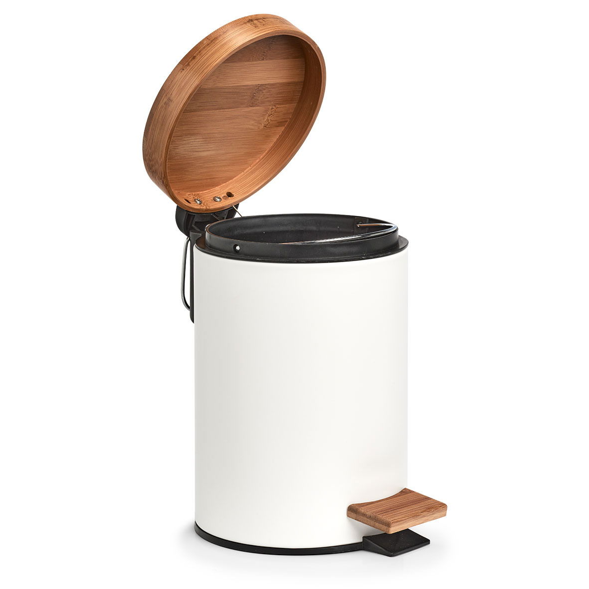 Weißer Kosmetikeimer mit Holzdeckel und Pedal, seitliche Perspektive