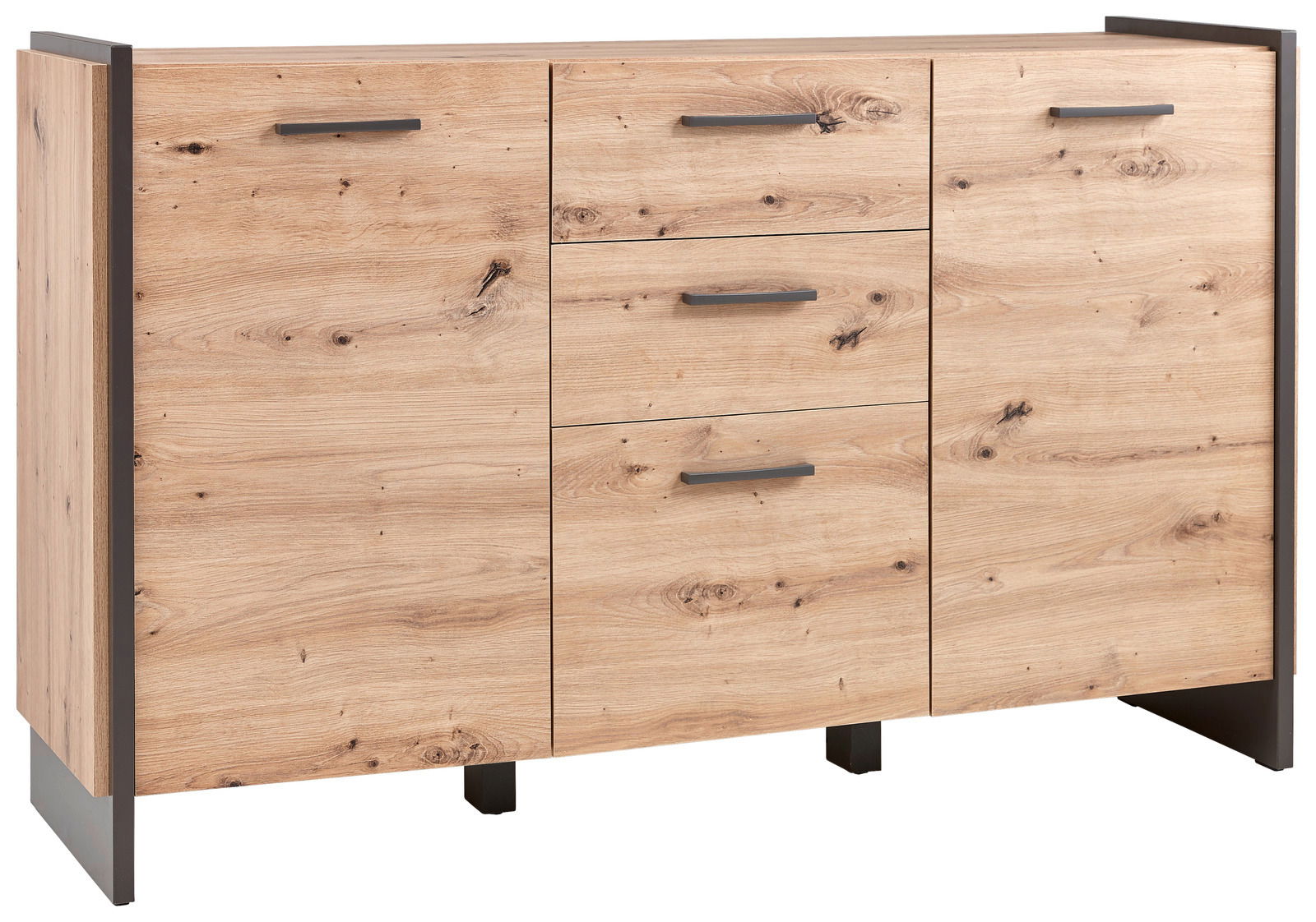 Kommode aus Holz mit drei Schubladen und zwei Türen, frontale Ansicht