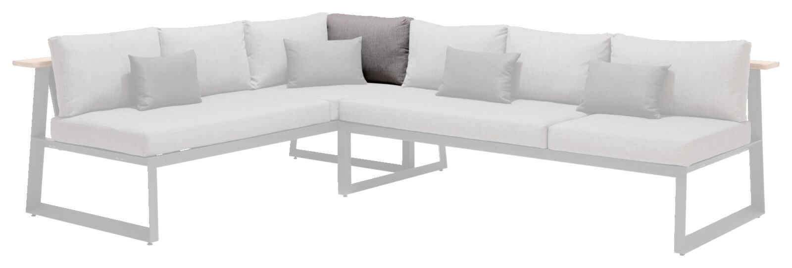 Eck-Rückenlehne in L-Form mit hellgrauen Kissen, seitliche Perspektive