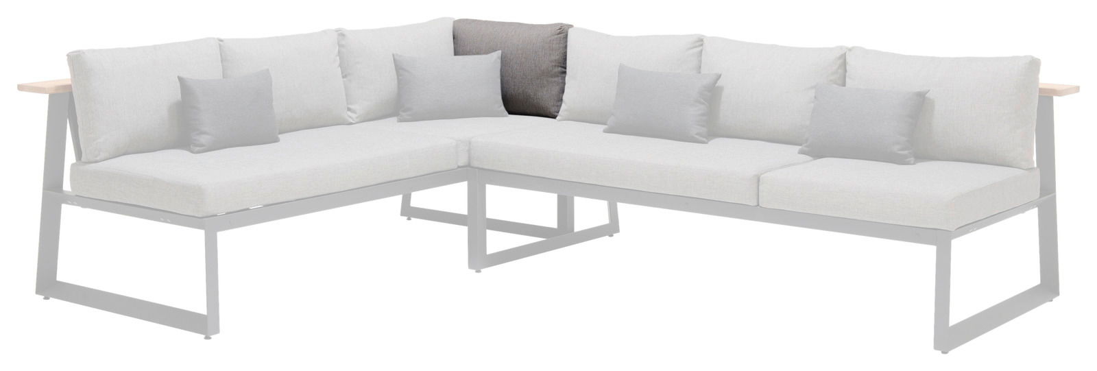 Eck-Rückenlehne in L-Form mit hellgrauen Kissen, seitliche Perspektive