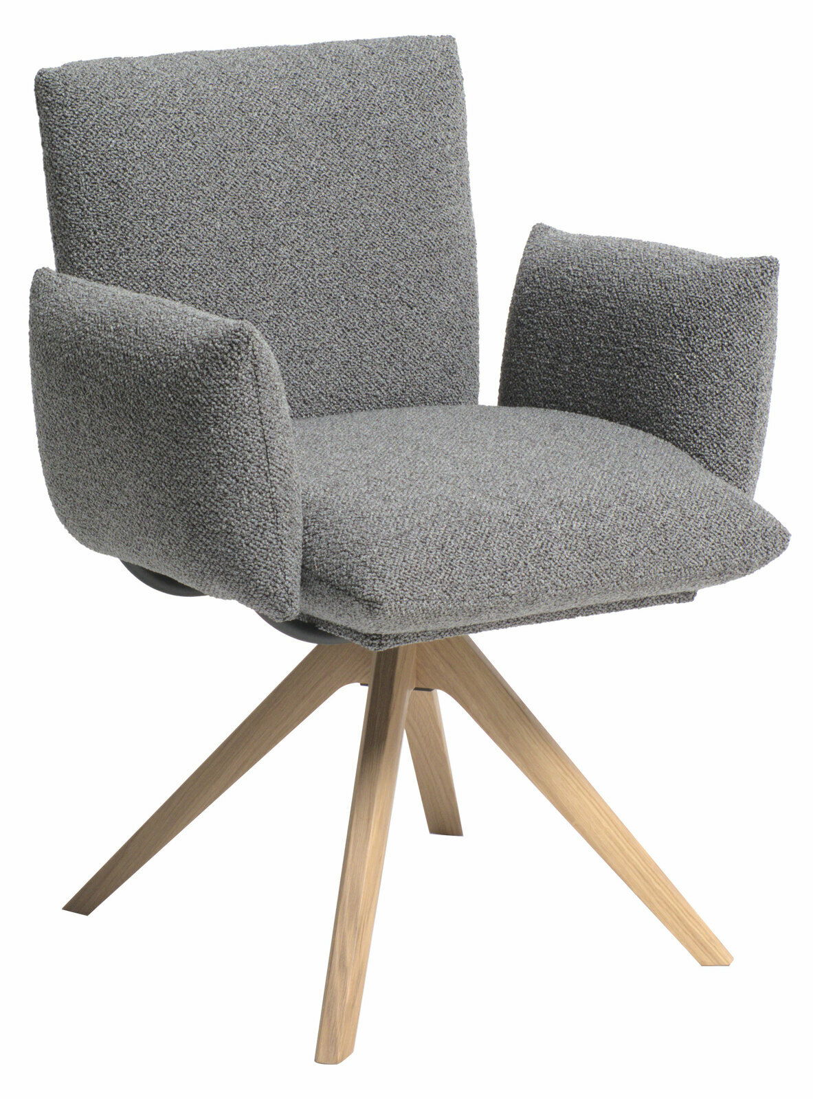 Grauer Armlehnstuhl mit Holzbeinen, seitliche Perspektive