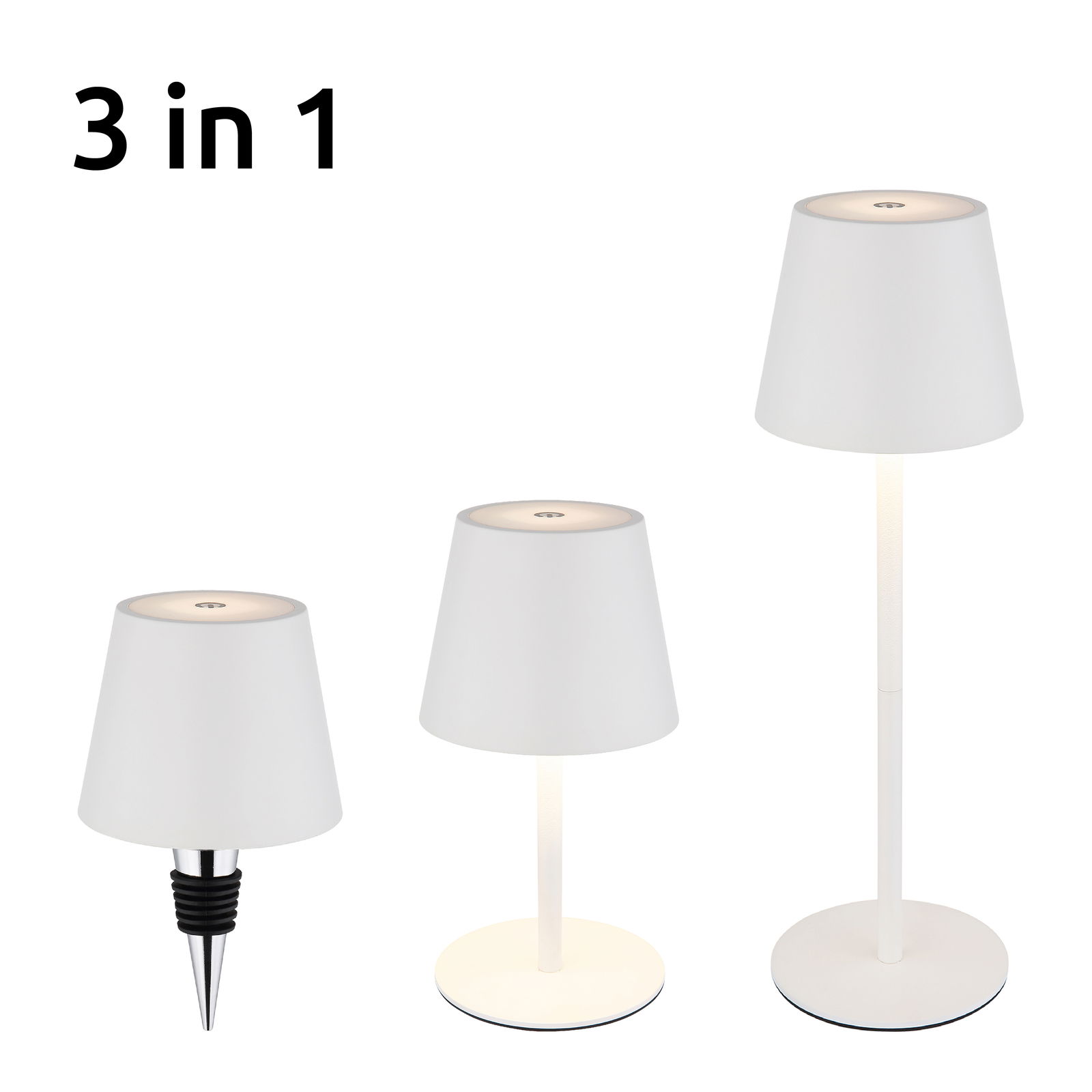 Akku-Tischleuchte VANNIE 3 in 1, drei Perspektiven: als Gartenleuchte mit Erdspieß, als Tischleuchte und als Stehleuchte, modernes Design, weiße Lampenschirme.