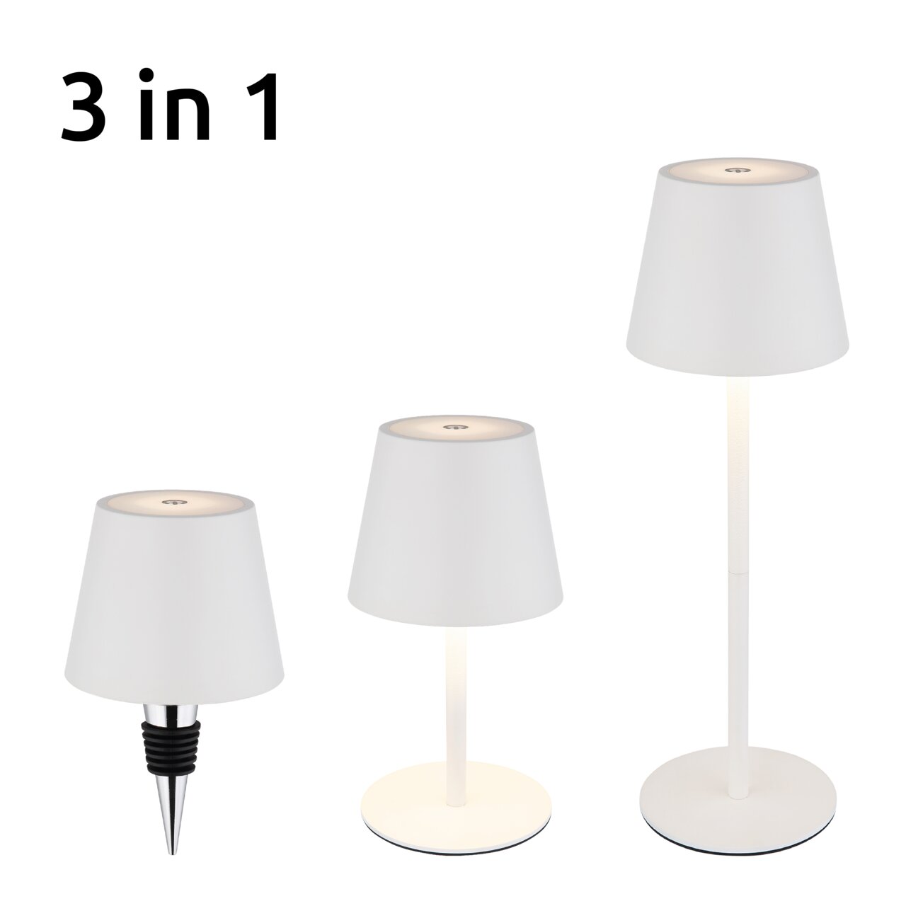 Akku-Tischleuchte VANNIE 3 in 1, drei Perspektiven: als Gartenleuchte mit Erdspieß, als Tischleuchte und als Stehleuchte, modernes Design, weiße Lampenschirme.