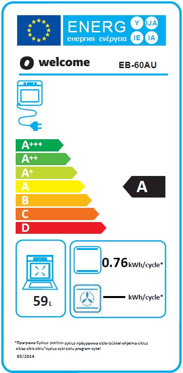 Energieeffizienzlabel für einen Ofen mit der Klasse A, 59 Liter Volumen, Energieverbrauch von 0,76 kWh pro Zyklus, Frontalansicht.