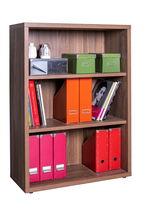 Holzregal mit drei Ebenen, gefüllt mit Büchern, Ordnern und Dekorationsgegenständen, frontal fotografiert.