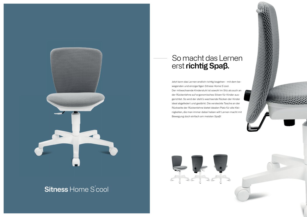 Kinder- und Jugenddrehstuhl in grauem Stoffbezug, Vorderansicht und Seitenansicht, mit weißem Fußkreuz und Rollen.