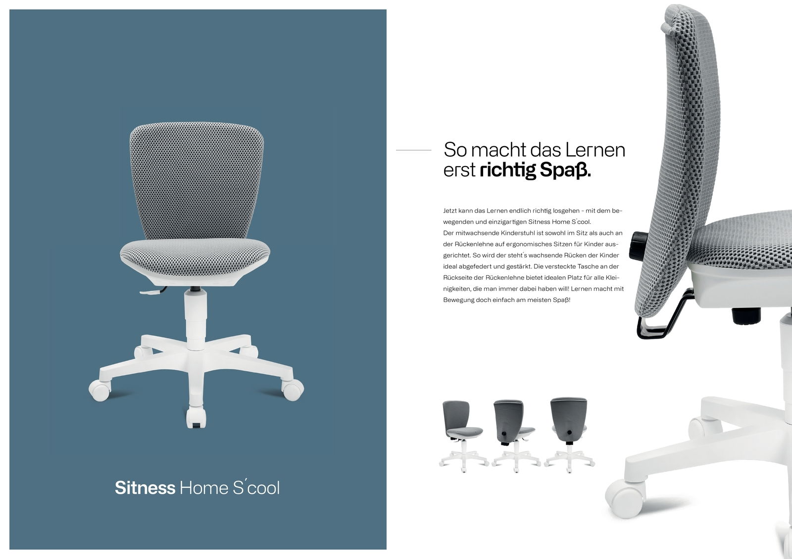 Kinder- und Jugenddrehstuhl in grauem Stoffbezug, Vorderansicht und Seitenansicht, mit weißem Fußkreuz und Rollen.