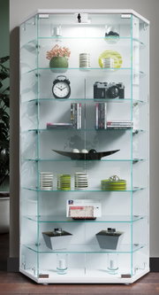 Moderne Glasvitrine mit weißen Rahmen und mehreren Glasböden, gefüllt mit Dekoartikeln, Büchern und Kamera; frontale Perspektive
