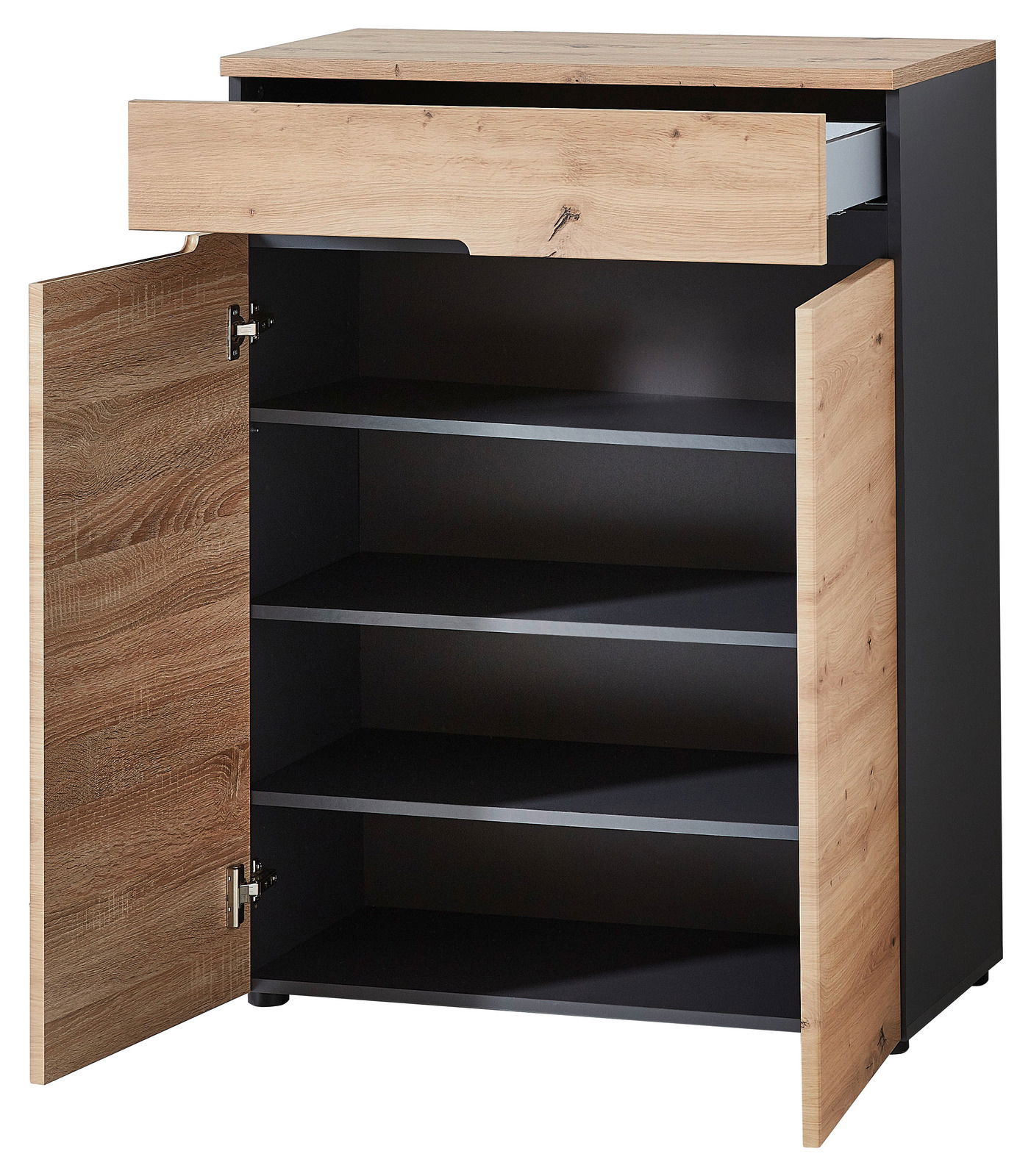 Schuhschrank mit Holzoptik, geöffnete Türen und Schublade, Frontalansicht