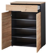 Schuhschrank mit Holzoptik, geöffnete Türen und Schublade, Frontalansicht