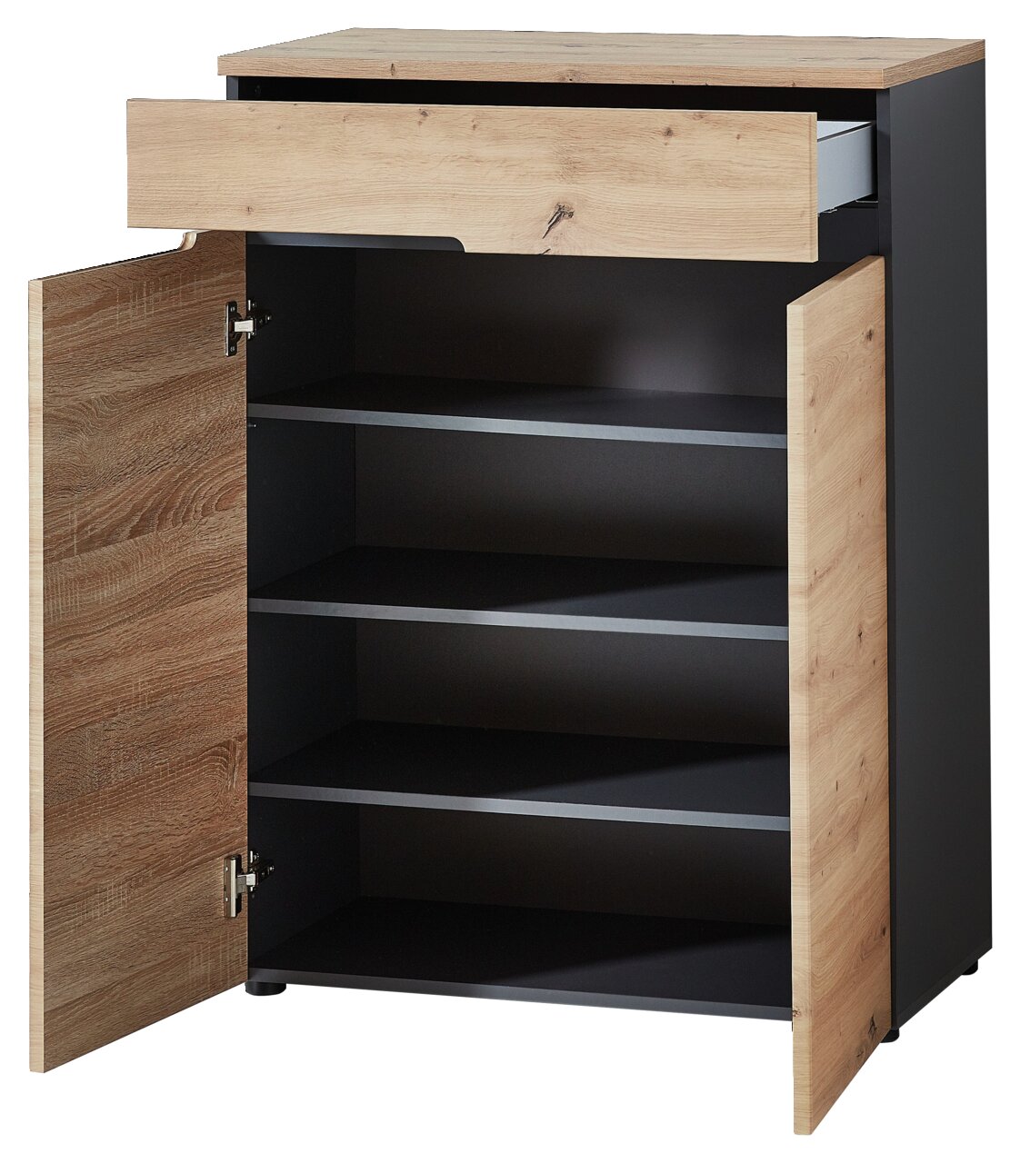 Schuhschrank mit Holzoptik, geöffnete Türen und Schublade, Frontalansicht