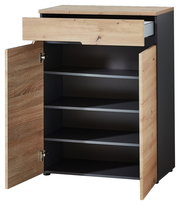 Schuhschrank mit Holzoptik, geöffnete Türen und Schublade, Frontalansicht