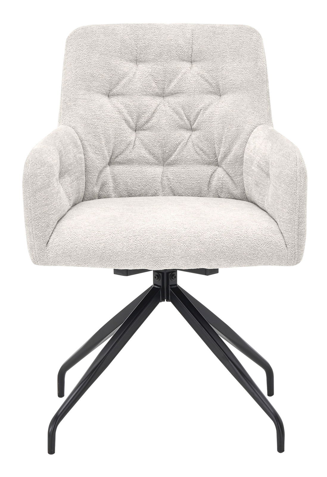 Moderner Armlehnstuhl mit hellgrauem Stoffbezug und schwarzem Metallgestell, Frontalansicht.