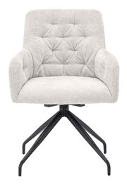 Moderner Armlehnstuhl mit hellgrauem Stoffbezug und schwarzem Metallgestell, Frontalansicht.